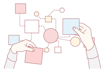 An illustration of hands arranging colorful shapes, symbolizing brainstorming and idea organization.