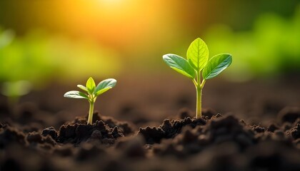 Fototapeta premium Two Young Seedlings Growing in Rich Soil at Sunset