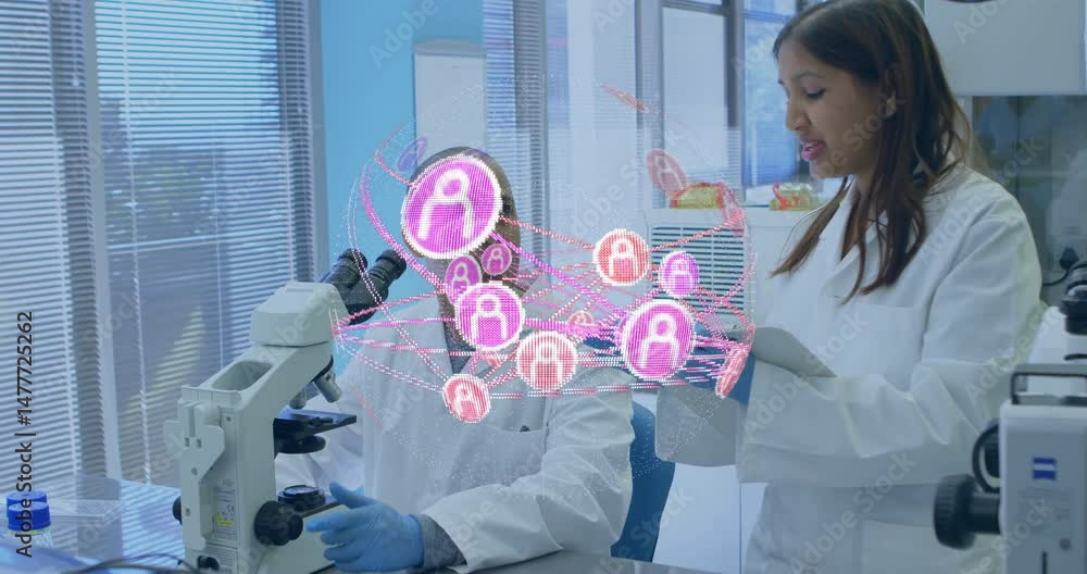 Aufkleber lab scientists using microscope and network hologram, woman scientist holding tablet reviewing data