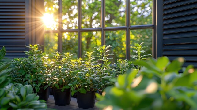 Fototapeta Plants by window with sunburst and garden view