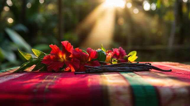 Handwoven lamba with vanilla pods and hibiscus, celebrating Madagascar's vibrant culture and natural bounty.