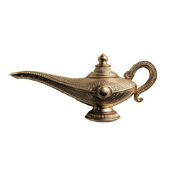 Mini genie lamp, ultra realistic uhd photo, on white plain isolated, top view, clear contours and boundaries, brass detail