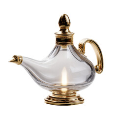 Mini genie lamp, ultra realistic uhd photo, on white plain isolated, top view, clear contours and boundaries