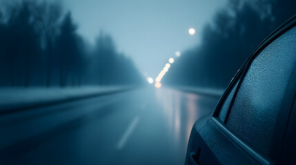 A nighttime cityscape viewed from inside a car, glowing with vibrant lights and blurred reflections on the glass, evoking a cinematic and dreamy urban atmosphere.
