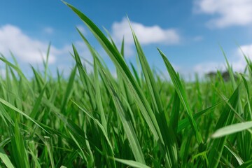 Obraz premium Green grass blades growing under blue sky and white clouds