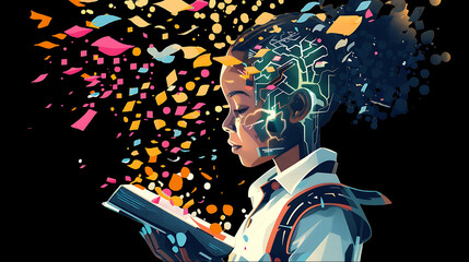 A futuristic illustration of a young child reading a book, with colorful data and neural circuits emerging from their head &mdash; symbolizing creativity, learning, and artificial intelligence.


