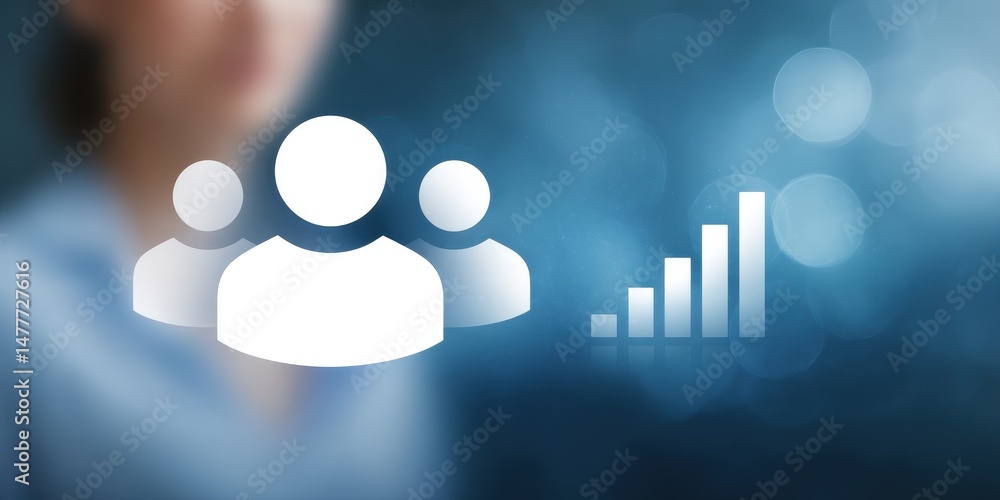 Aufkleber abstract blue bokeh background with white group and bar graph icons