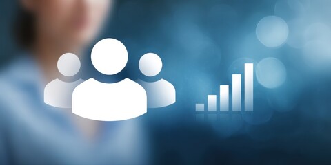 Abstract Blue Bokeh Background with White Group and Bar Graph Icons