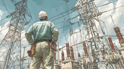 Engineer Overseeing Electrical Substation Operations with Power Lines and Equipment Surrounding Him