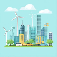 Obraz premium Eco-Friendly Cityscape: A vibrant illustration of a modern cityscape harmoniously blending skyscrapers, wind turbines, and lush greenery, symbolizing sustainable living and technological advancement.