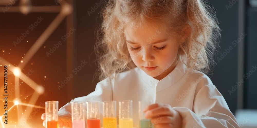 Poster a young girl in a white lab coat focuses on colorful liquids in test tubes, creating a vibrant scien