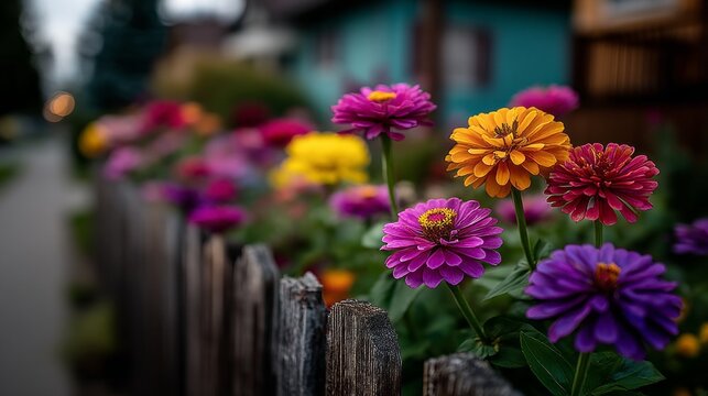 A fence with a bunch of flowers in front of it