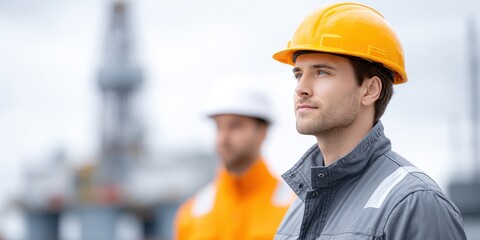 Focused worker in gray jumpsuit and yellow hard hat, another worker in orange in soft focus in the background, industrial setting.