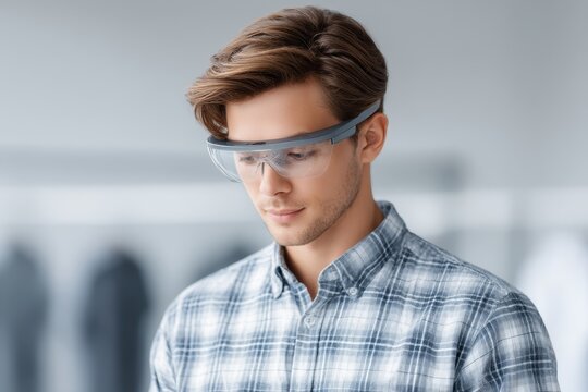 Young man wearing transparent glasses, looking down, blue and white plaid shirt, shallow depth of field, neutral background.