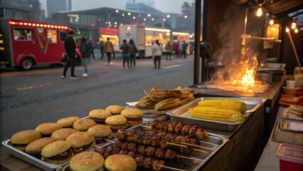 Delicious Street Food at a Night Market with Burgers Corn and Skewers