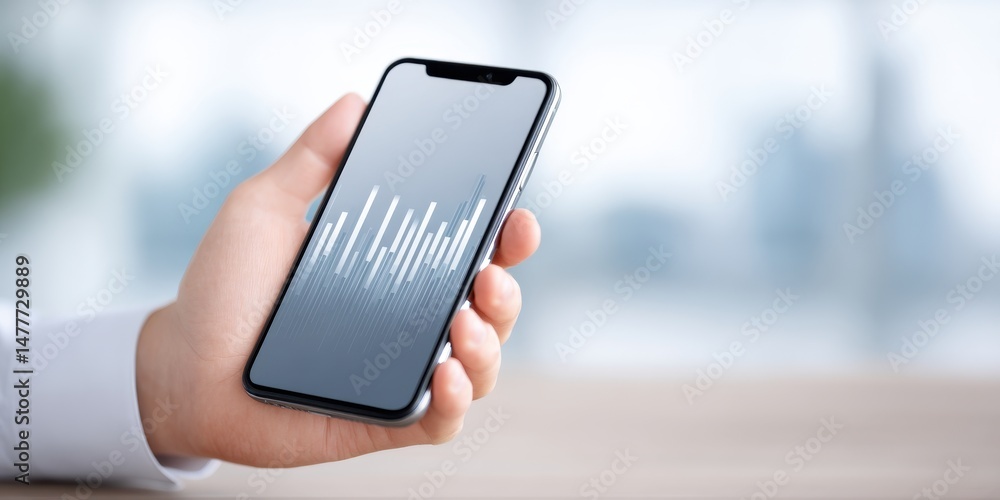 Aufkleber close up of a hand holding a smartphone displaying a grey background with a white abstract data grap