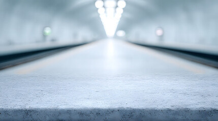 A modern train station interior with soft lighting, emphasizing clean architectural lines, spacious design, and a calm, futuristic atmosphere suitable for travel and transportation themes.
