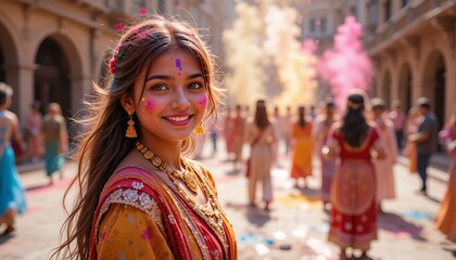 Naklejka premium Happy Holi , Concept Indian color festival. portrait of a happy indian dark-skinned girl in traditional costume.
