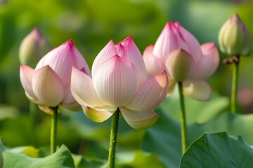 Obraz premium Serene Lotus Flowers with Pink Petals and Lush Green Leaves on Natural Background
