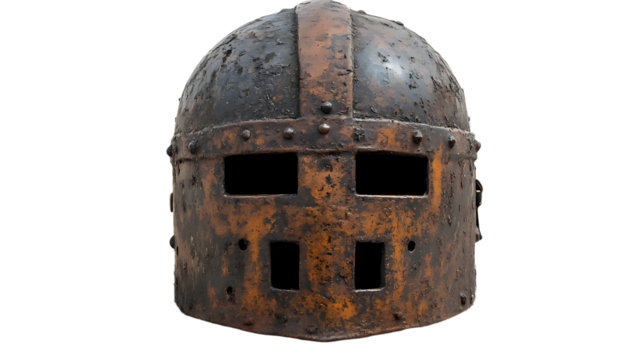 Rusty Medieval Helmet Displaying the Craftsmanship of Ancient Armory and Warfare History