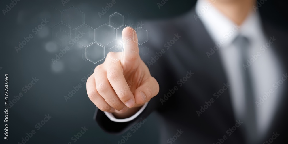 Aufkleber close up of a hand in a suit interacting with a digital interface, shown as glowing hexagons. dark b