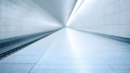 A modern train station interior with soft lighting, emphasizing clean architectural lines, spacious design, and a calm, futuristic atmosphere suitable for travel and transportation themes.
