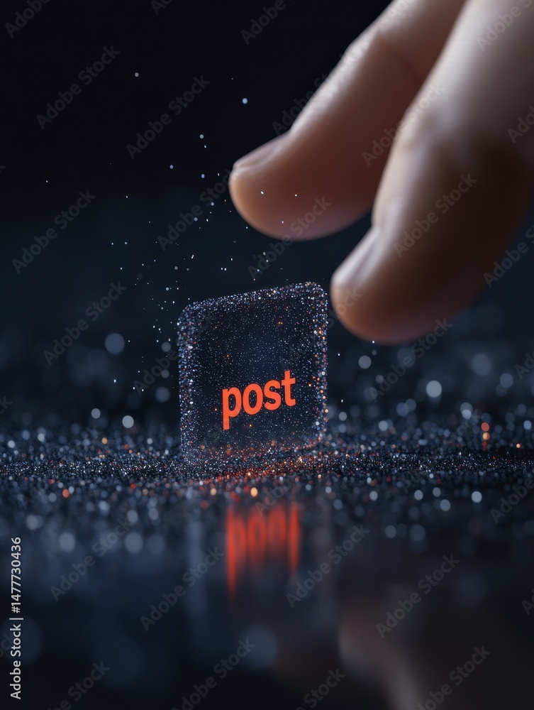 Aufkleber a hand reaches toward a glowing cube with the word 'post' inside, set against a dark background with