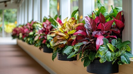 Vibrant indoor plants lining a bright hallway featuring lush green and colorful foliage