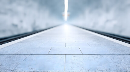 A modern train station interior with soft lighting, emphasizing clean architectural lines, spacious design, and a calm, futuristic atmosphere suitable for travel and transportation themes.
