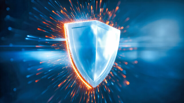 Glowing blue shield with electric sparks against dark background. Digital security symbol with orange radiating outward. Powerful metallic protection emblem with impact flair effects on gradient.