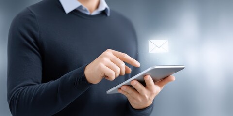 Man using tablet, email icon above, neutral background. Close up view of hands interacting with the device.