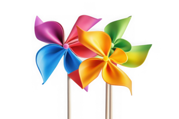 Three colorful pinwheels with pink, red, orange, yellow, blue, and green blades on sticks, vibrant and cheerful isolated on transparent background