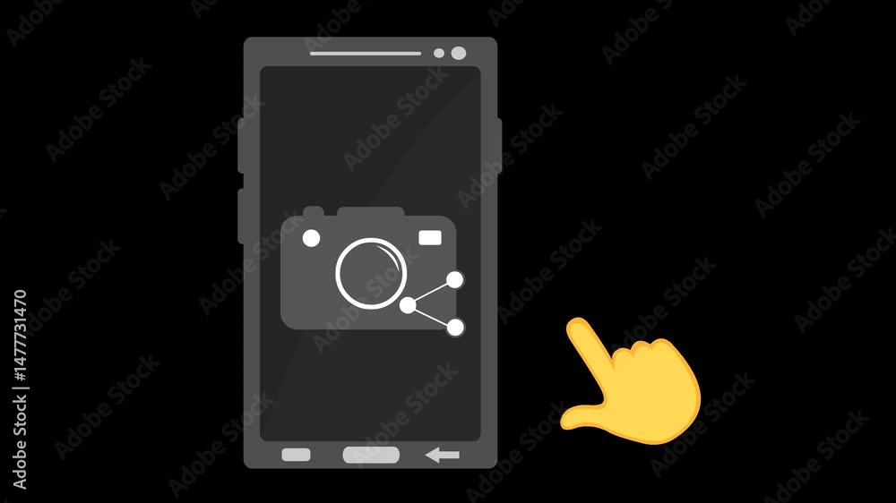 Poster video animation yellow hand push share photo button mobile phone device, on a transparent background