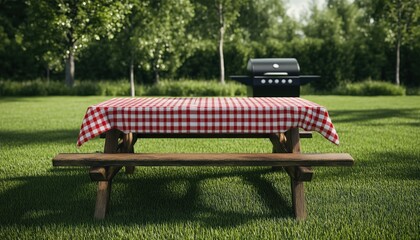 Fresh Country Red And White Checked Cloth Adorns Empty Picnic Table With A Barbecue, Set On Green Lawn For Product Placement.