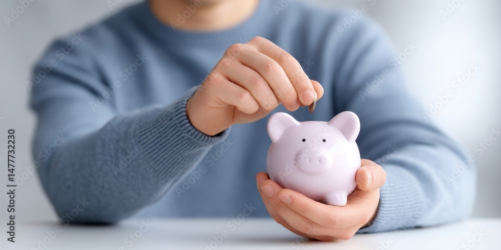 Poster close up view of hands inserting a coin into a pink piggy bank, representing saving and financial pl