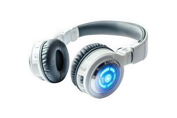 Close-up of white and gray headphones with blue light accents and padded earcups, angled view, isolated on transparent background