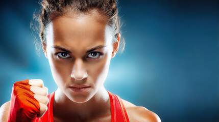 Female boxer with red hand wraps and intense determination on blue background. Athletic woman fighter with fierce expression and competitive focus. Strong martial arts athlete in training stance