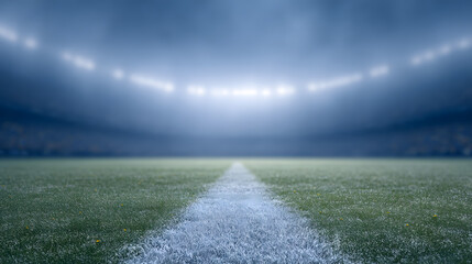 A football stadium at night with glowing lights illuminating the field and empty stands, creating a dramatic and atmospheric scene that highlights the anticipation of a big game or event.
