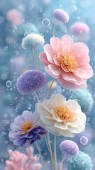 Fototapeta premium Whimsical promo banner with surreal ocean creatures in neon underwater world, rendered in futuristic 3D visual style