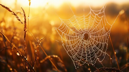 Dew-Kissed Cobweb in Golden Sunrise Light, A Glimpse of Autumn Morning
