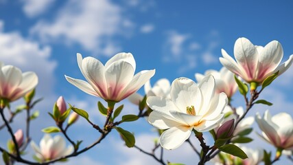 Obraz premium Beautiful white magnolia blossoms bloom on a branch against a vibrant blue sky with fluffy white clouds on a bright sunny day.