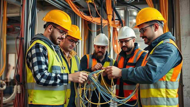 A team of skilled electricians meticulously inspects and connects a bundle of network cables du a complex building project.