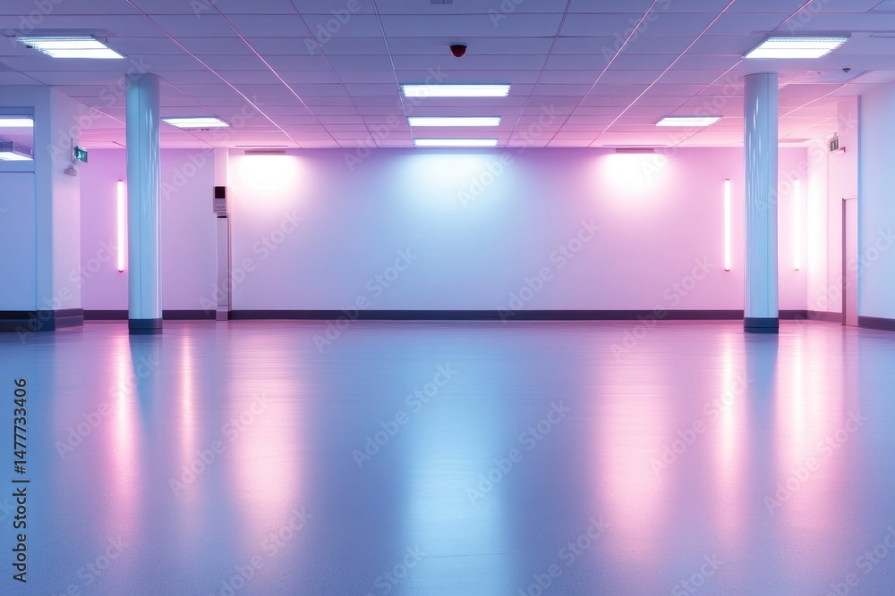 Poster clean modern empty room architecture with neon lighting and reflective floor