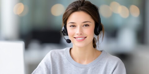 Smiling young woman wearing a grey sweater and headset in a bright office setting.