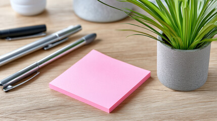 Pink sticky note on wooden desk, pens scattered, green plant nearby, vibrant workspace