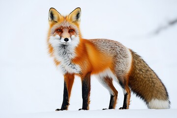 Obraz premium A bright red fox, with its bushy tail curled, standing confidently against a clean white surface