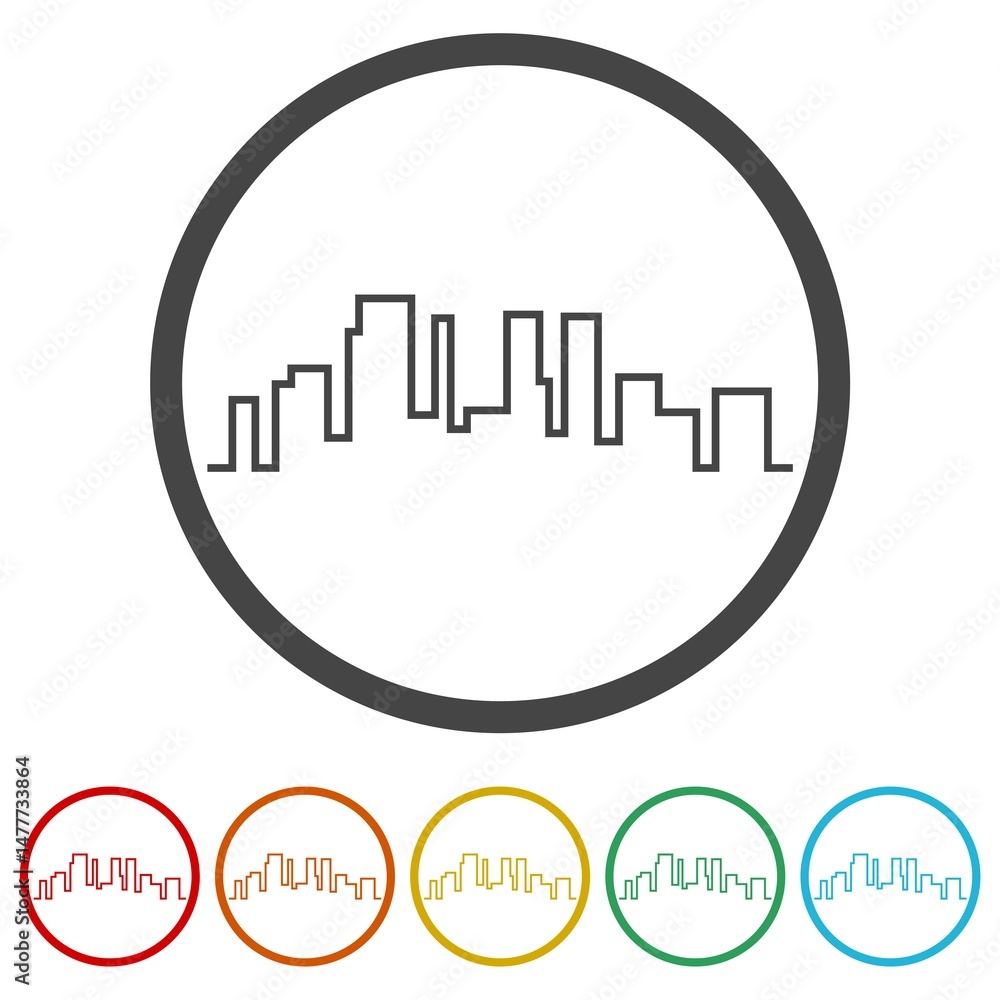 Poster silhouette buildings line icon. set icons in color circle buttons