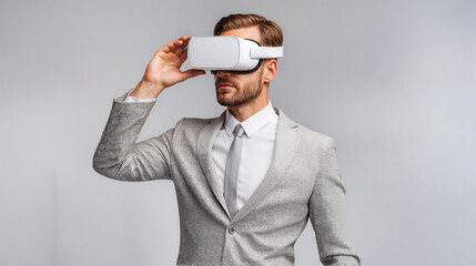 Man in gray suit adjusting white vr headset against neutral background. Professional exploring virtual reality technology. Business executive using digital immersive device. Modern corporate tech