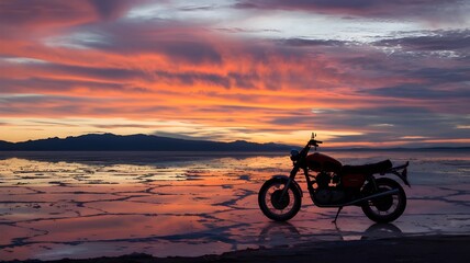 Obraz premium A motorcycle parked by the waters reflecting a beautiful sunset, evokes a sense of freedom and adventure. The sky is filled with vibrant colors that create a dreamy atmosphere