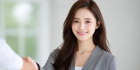 Smiling young businesswoman shaking hands, wearing a gray blazer, in a brightly lit modern office setting.